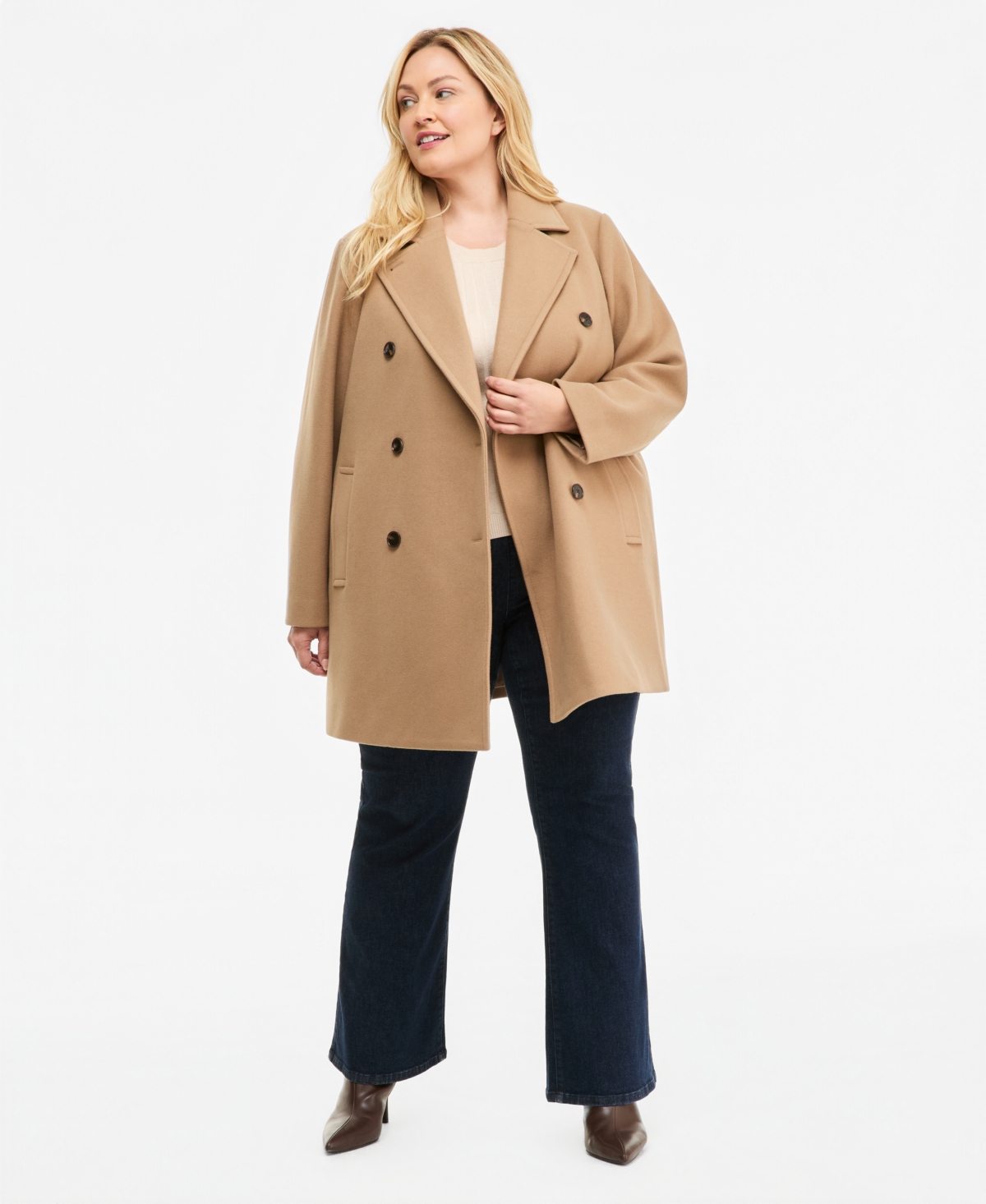 Calvin Klein Plus Size Double-Breasted Pea Coat, Created for Macy's - Camel
