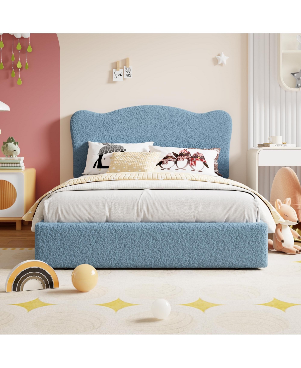 homfan Kids Upholstered Bed Frame with 2 Drawers, Twin/Full Platform Bed with Padded Headboard, Wood Slats
