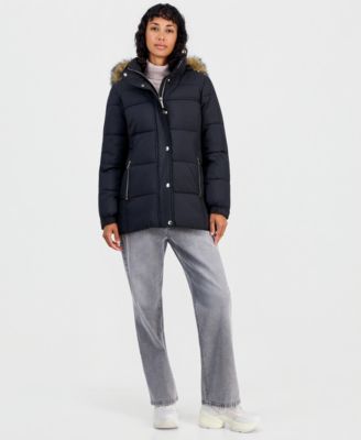 Michael Kors Faux Fur Trim Hooded Short Puffer Coat
