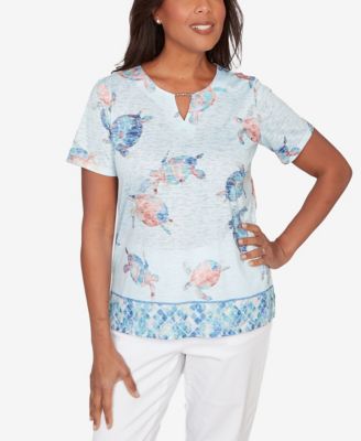 Petite  Sea Turtle Border Split Neck Top