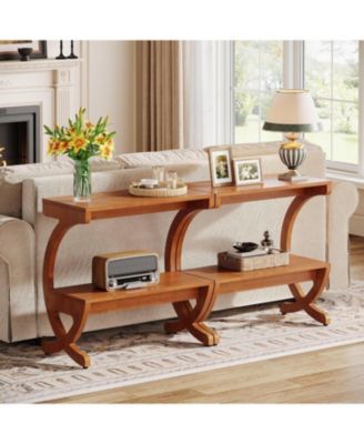 Wood End Table Set of 2, 2-Tier Side Table with Curved Crossed Legs for Living Room, Bedroom, Small Space, Walnut