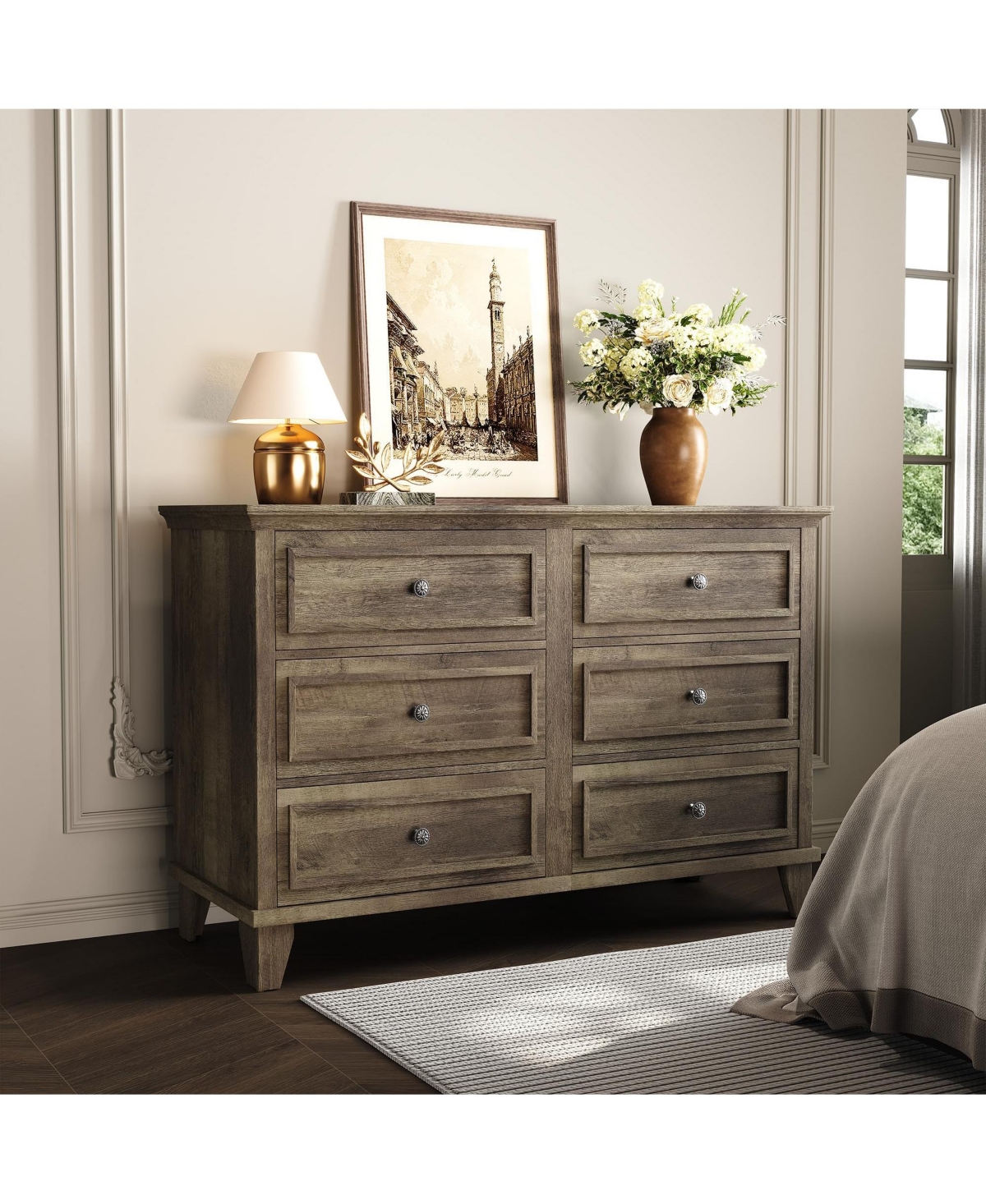 homfan Farmhouse Dresser for Bedroom with 6 Drawer, Double Dresser Tv Stand with Vintage Handle, Wide Wood Dressers and Chests of Drawers - Grey