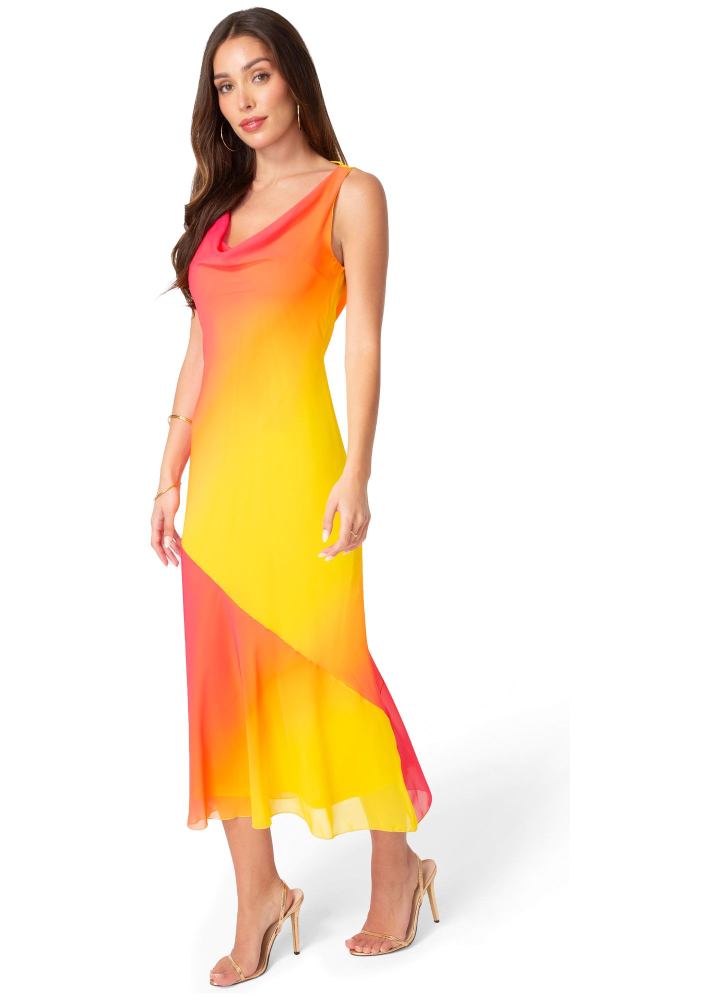 Женское платье Bebe Ombre Chiffon Cowl Maxi, цвет: Оранжевый фуксия — фото 3