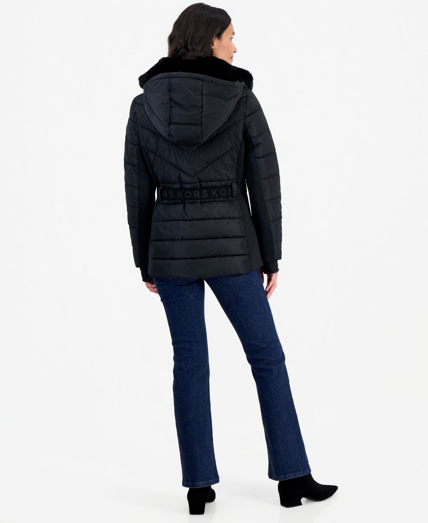 Женская куртка Michael Kors Belted Hooded Faux Fur Collar Puffer, цвет: Чёрный — фото 2