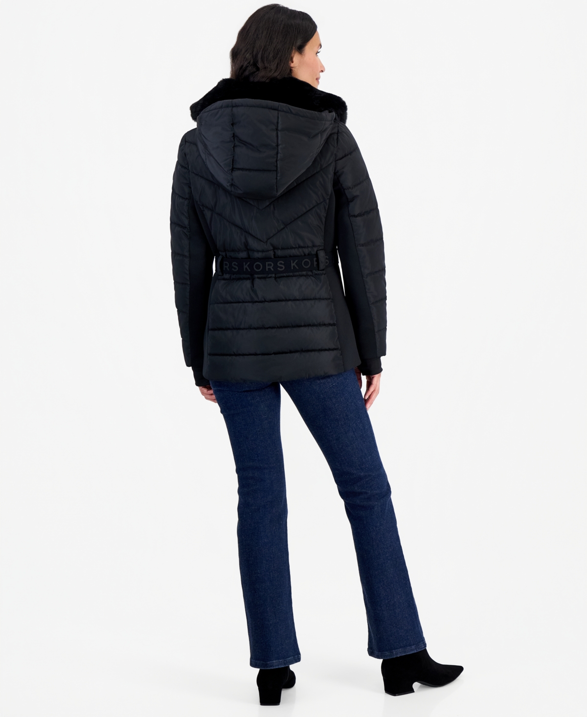 Michael Kors Women's Belted Hooded Faux Fur Collar Puffer Coat