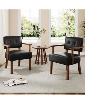 Set of 2 Mid Century Modern Dining Chairs – Linen Upholstered Armchairs – Plain Wood Frame – Classic Vertical Stripe Design