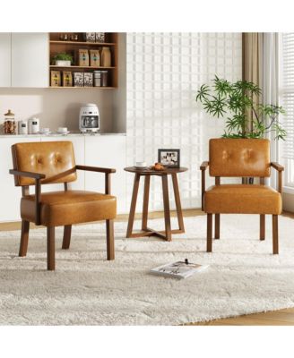 Set of 2 Mid Century Modern Dining Chairs – Linen Upholstered Armchairs – Plain Wood Frame – Classic Vertical Stripe Design