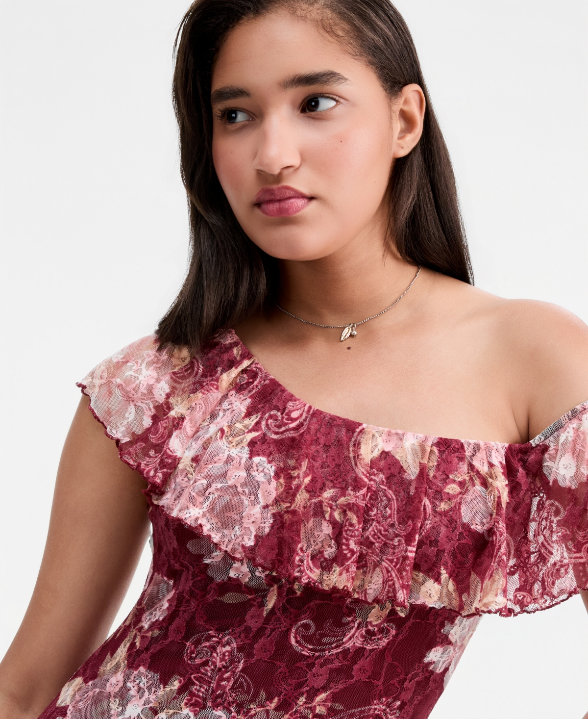 Trixxi Juniors' Floral Print Lace One-Shoulder Midi Dress