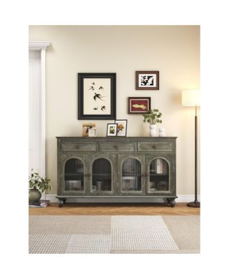 59 Inch Farmhouse Sideboard Buffet with 3 Drawers and 4 Glass Doors