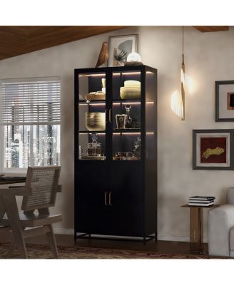 76.75 Inch Tall Glass Display Cabinet with LED Lights and Steel Frame