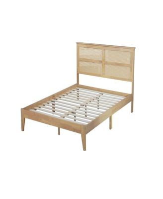 Queen Size Rubber Wooden, Solid Wooden Bed with Rattan Headboard, Enhanced by Support Feet