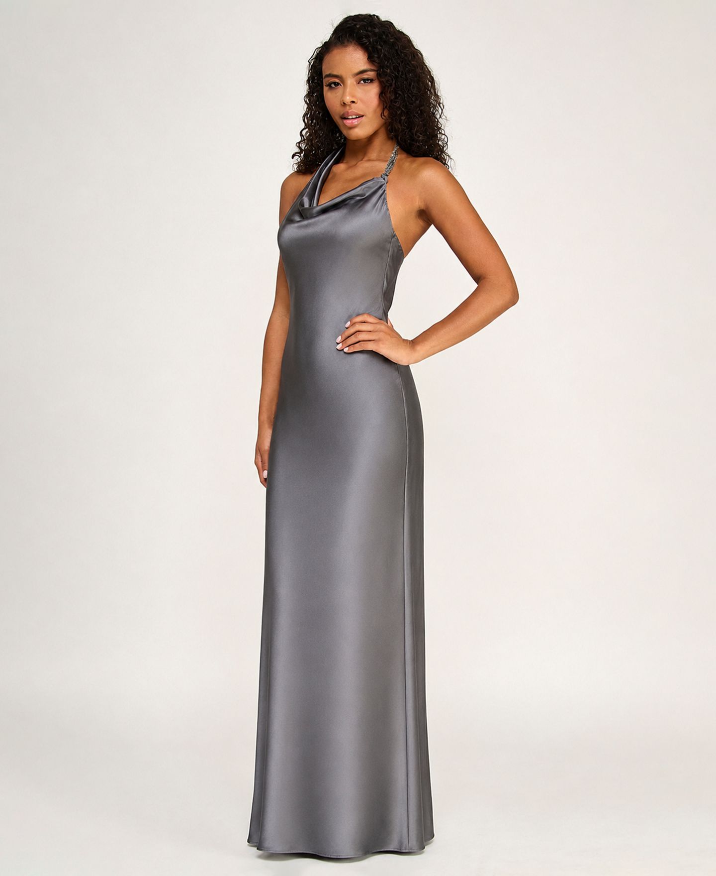 Женское платье SENI & CADE Juniors' Halter Neck Satin Long, цвет: Угольный — фото 3