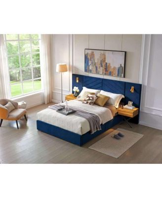  King Size Velvet Wingback Platform Bed with Vertical Channel Tufted Headboard