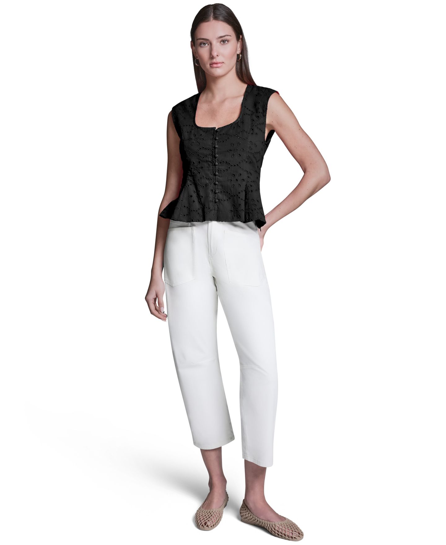 Женский топ BCBG Eyelet Detail Sleeveless Square Neck Peplum, цвет: Чёрный — фото 2