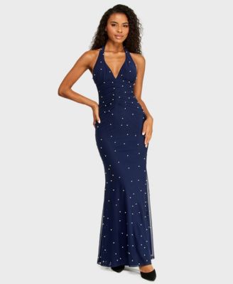 Juniors' Halter Mesh and Imitation Pearl Gown with Ruched Bodice