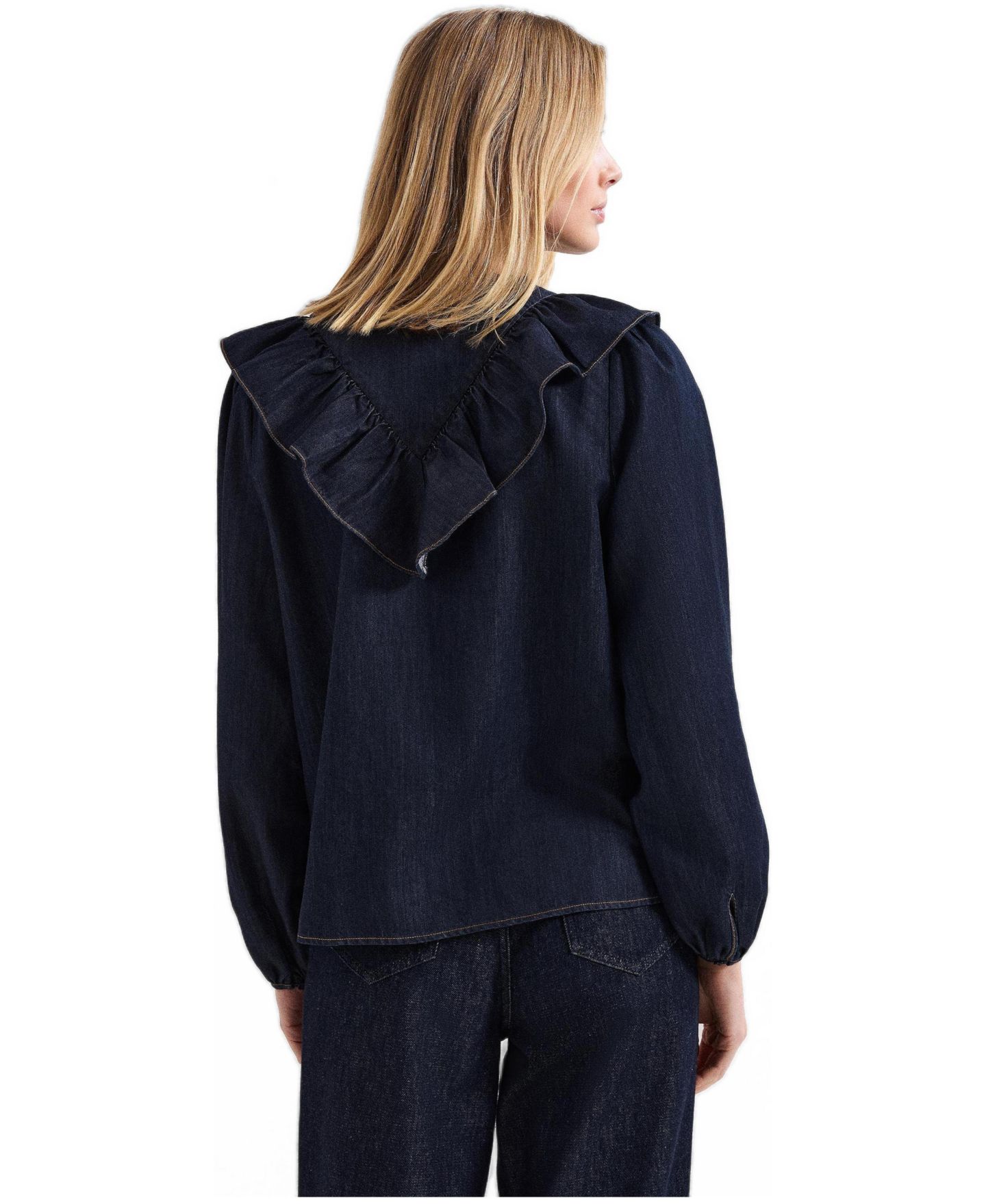 Женская блузка Phase Eight Alexia Denim Ruffle V-Neck, цвет: Средняя варка — фото 2
