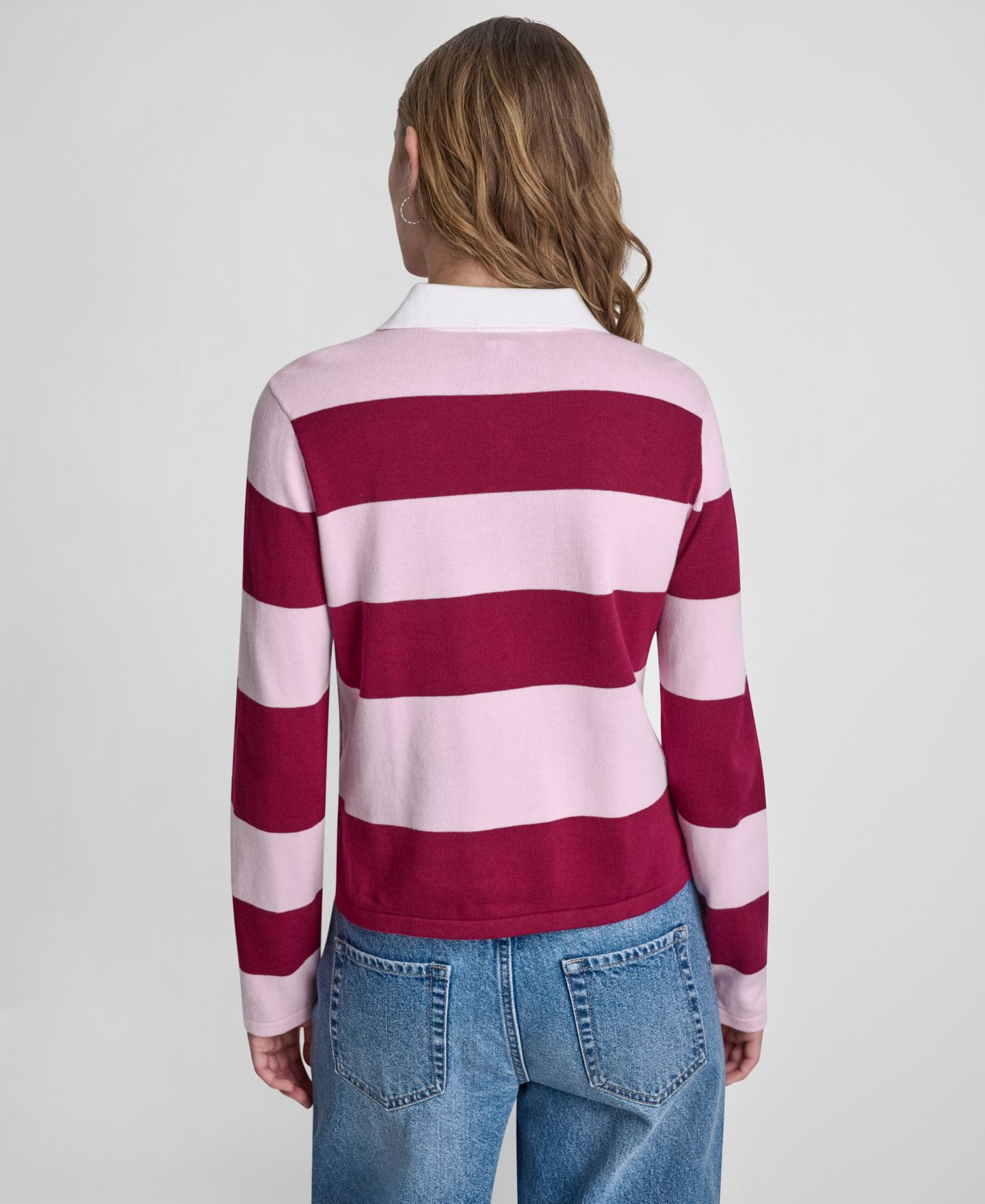 Женский свитер DKNY Jeans Long-Sleeve Logo Charm Multi-Stripe Cotton Polo, цвет: Свекольный / Розовый туманный — фото 6