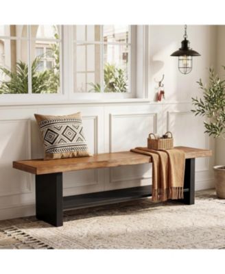 55" Solid Wood Bench with Shoe Storage, 2-Tier Farmhouse Entryway Bench, Narrow  Bench