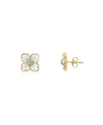 Mother of Pearl CZ Flower Stud Earrings 14K Gold-Plated Sterling Silver