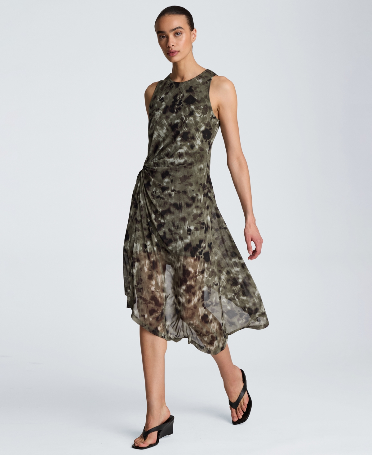 Kenneth Cole Women's Sheer Mesh Overlay Asymmetric Hem Midi Dress