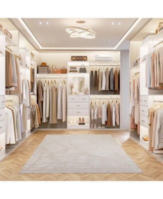 Freestanding Closet System with Hanging Rods and Mirror, Closet Storage Cabinet with Drawer and Shelves