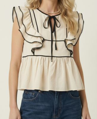 Women's Ruffle-Sleeve Contrast-Trim Peplum Top