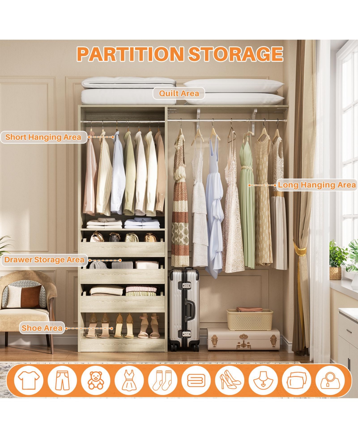 Aheaplus 5 feet Wall Mounted Closet System with Drawers and Shelves, Sturdy Rack 2 Hanging Rods for Closet/Bedroom