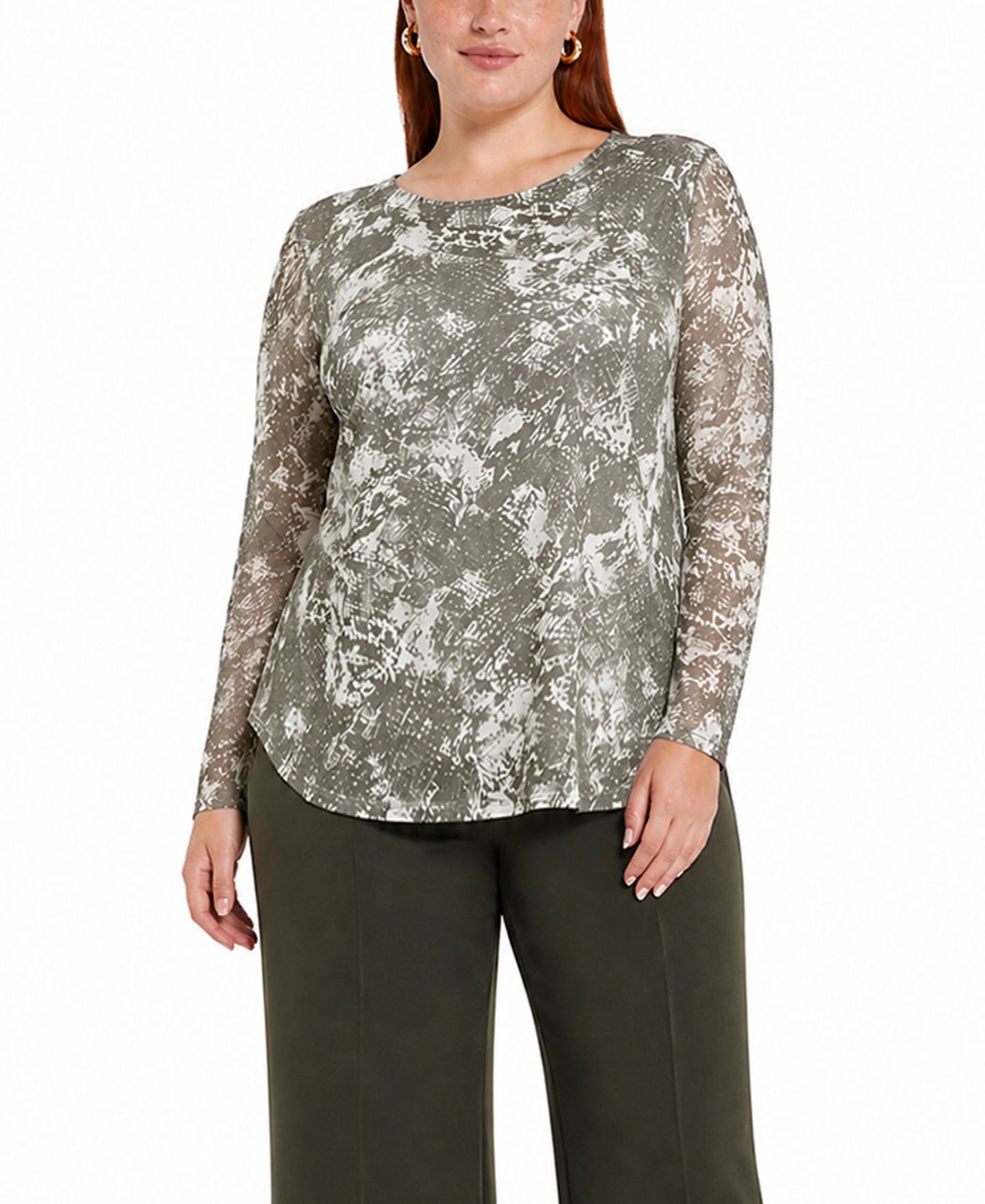 Женский топ COIN 1804 Plus Size Python Mesh Scoop Neck, цвет: Слоновая кость оливковый — фото 1