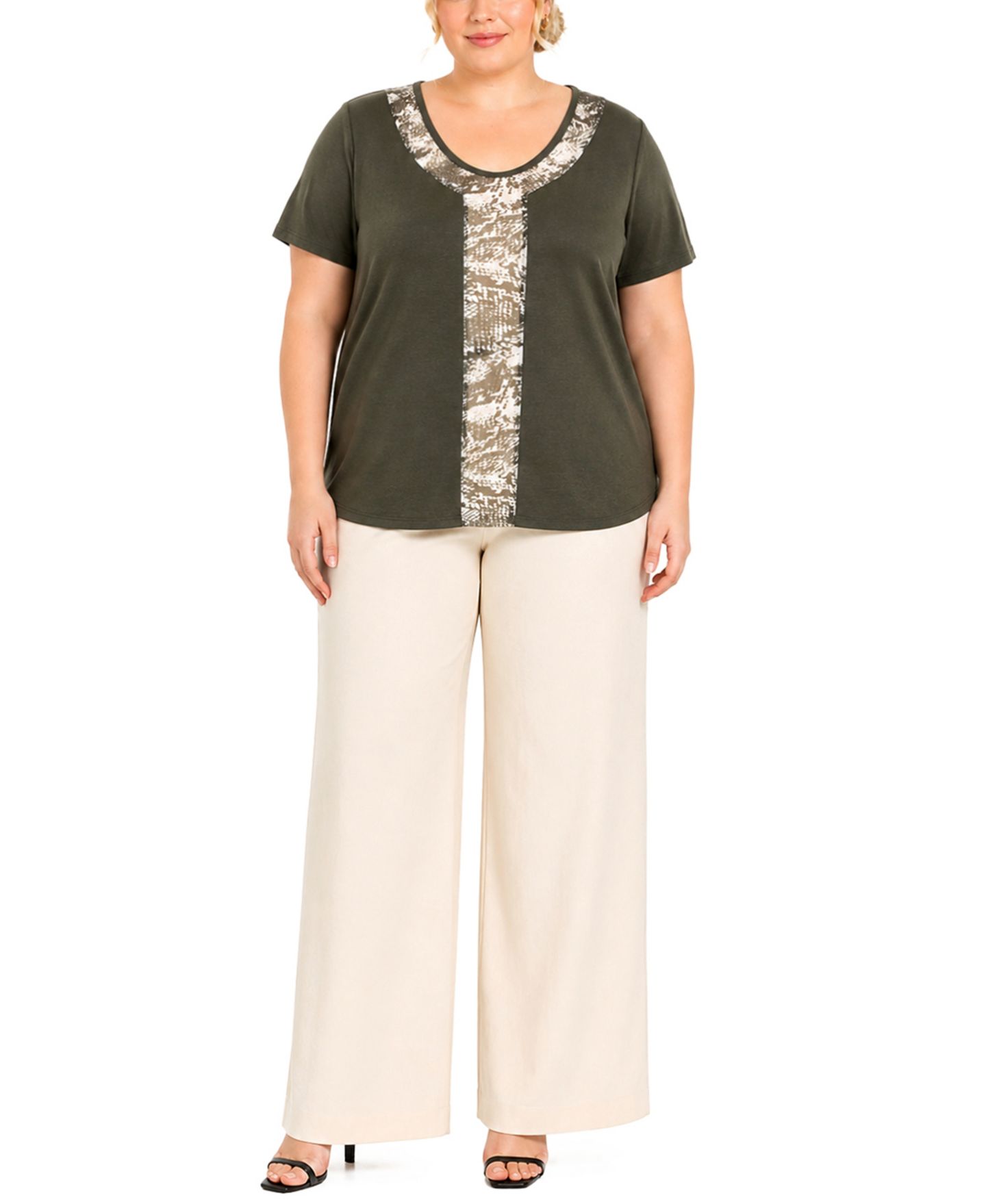Женский топ COIN 1804 Plus Size Python Mesh Inset Short-Sleeve, цвет: Оливковый — фото 4