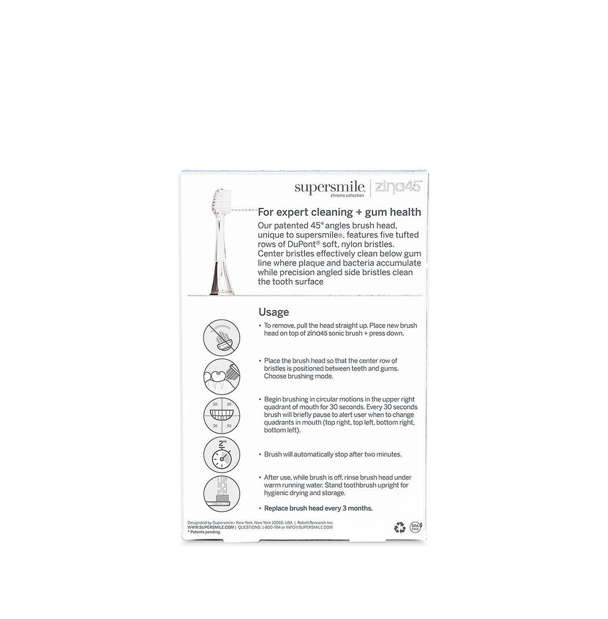 Supersmile Zina45 Sonic Pulse Toothbrush Chrome Replacement Heads 2 pack