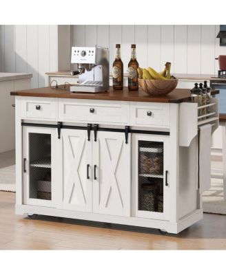 58inch  Farmhouse Rolling Kitchen Island with Storage, Drop Leaf and Barn Door