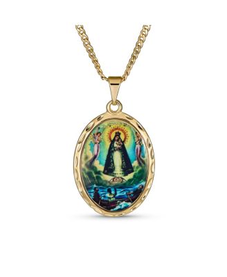 Religious Medal Oval Medallion Mother Virgin Mary Color Photo Pendant Necklace Gold Plated