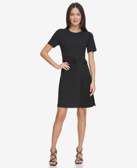 Женские DKNY Petite Jewel Neck Asymmetric Pleated Skirt Dress