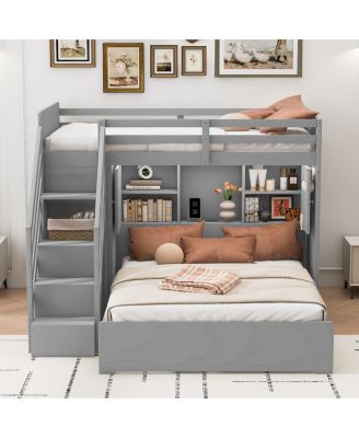 over Full Bunk Bed with Storage Stairs, Wardrobe, USB