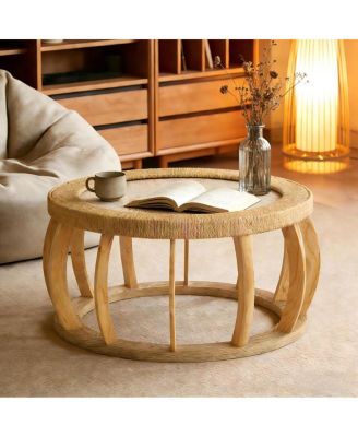 Vintage Rattan Solid Wood Round Coffee Table