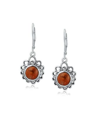 Bali Style Round Flower Orange Red Coral Drop Earrings Leverback Oxidized .925 Sterling Silver