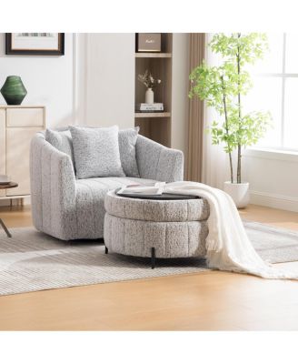 Swivel Barrel Chair and Half with Storage Ottoman, Chenille Tufted Armchair