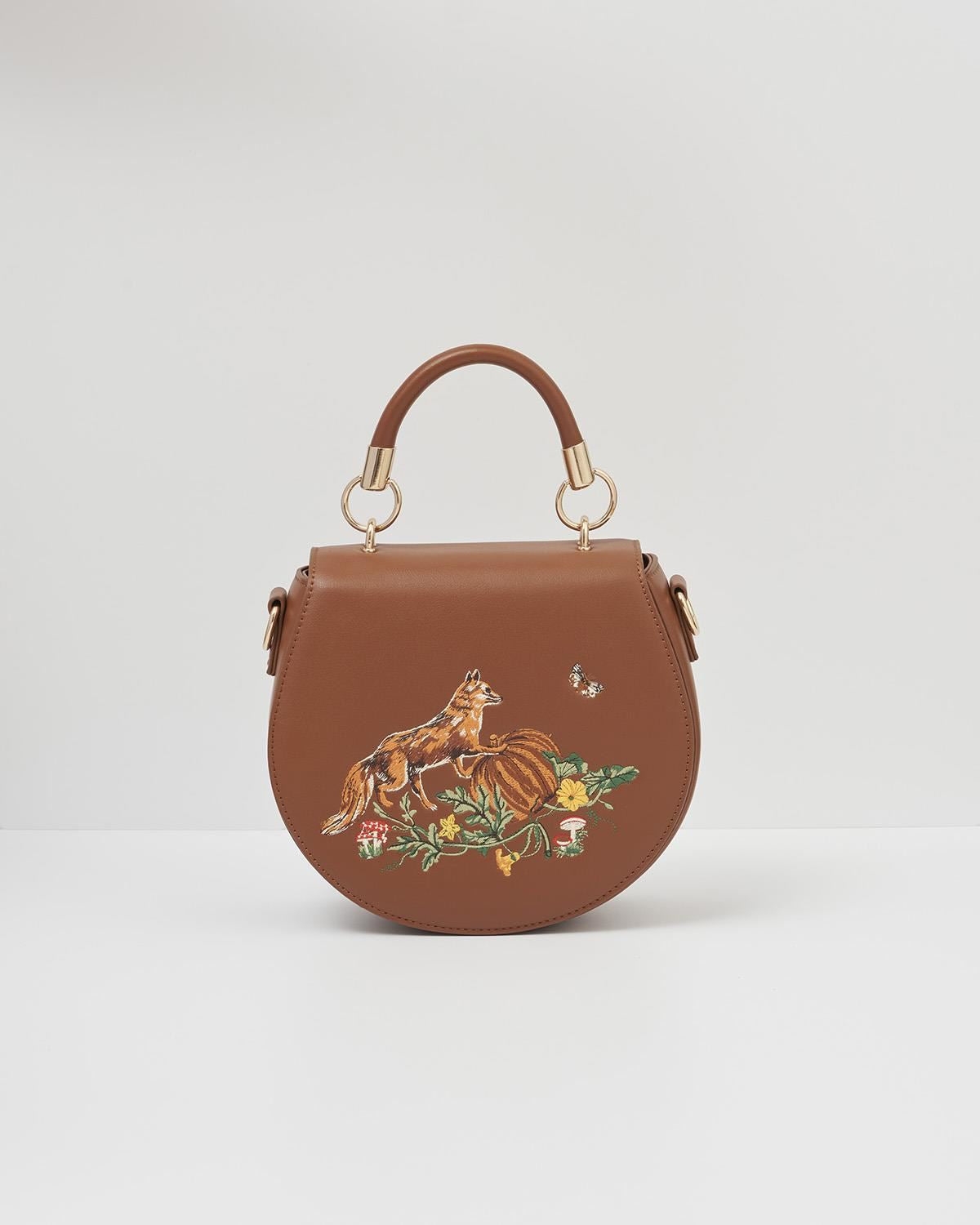 Fable England Women's Fox and Pumpkin Embroidered Tan Saddle Bag