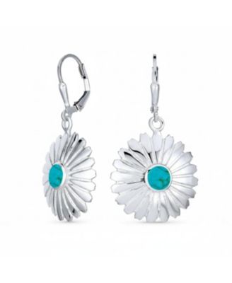 Western Style Natural Turquoise Dangle Flower Medallion Earrings .925 Sterling Silver Leverback