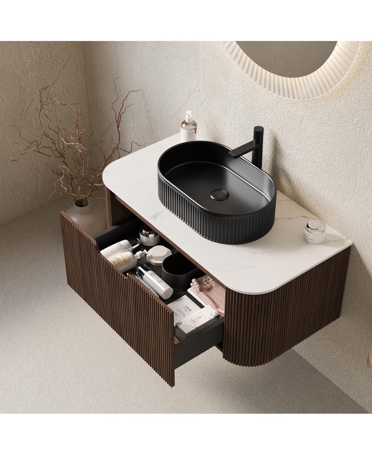 Sillysis Wall Mounted Bathroom Vanity with Sintered Stone Top, Oval Sink, Stripe Drawer
