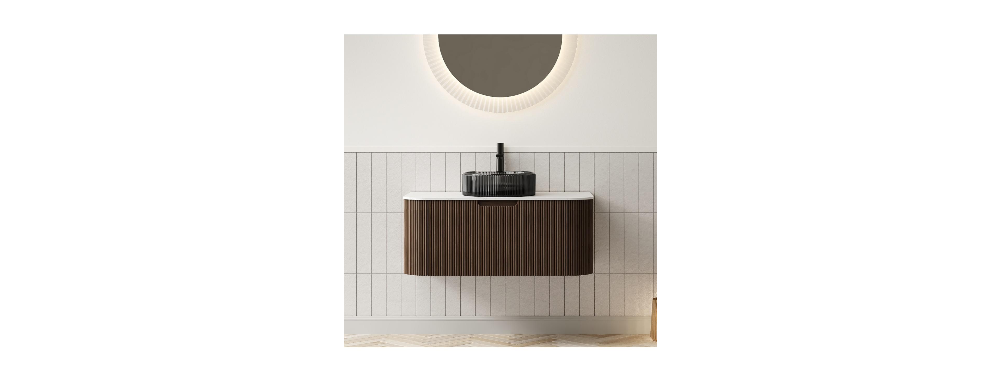 Sillysis Wall Mounted Bathroom Vanity with Crystal Glass Vessel Sink, Wood Grain Cabinet