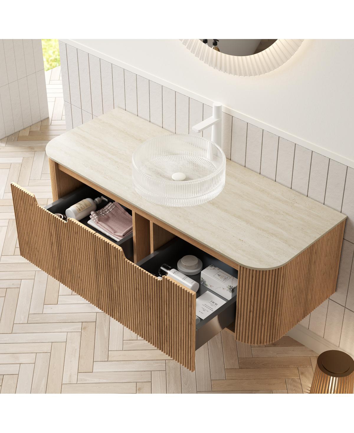 Sillysis Wall Mounted Bathroom Vanity with Crystal Glass Round Sink, Wood Grain Cabinet, Sintered Stone Top
