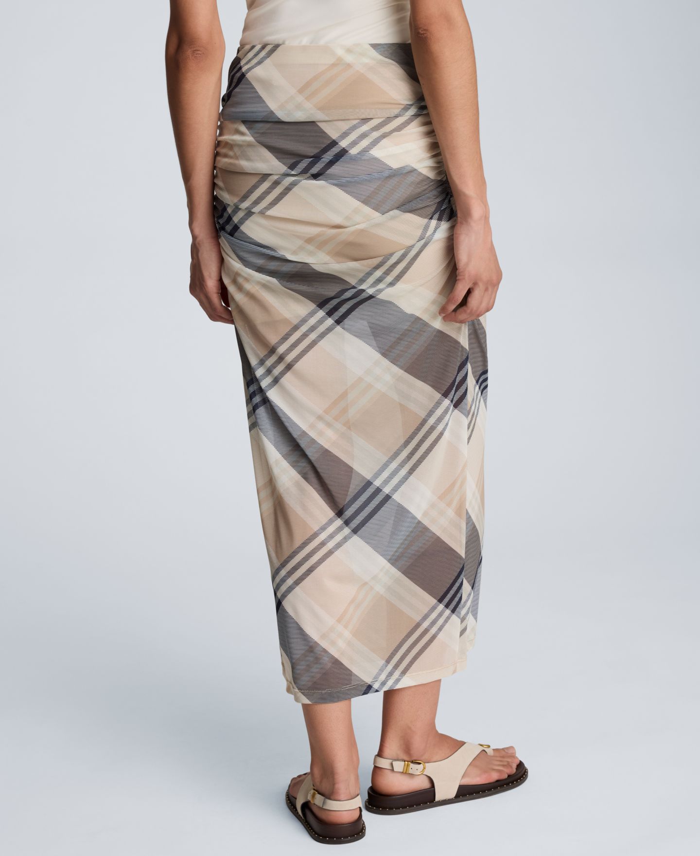 Женская юбка Kenneth Cole Side Ruched Mesh Plaid Midi, цвет: Песочный рыжевато-коричневый — фото 6