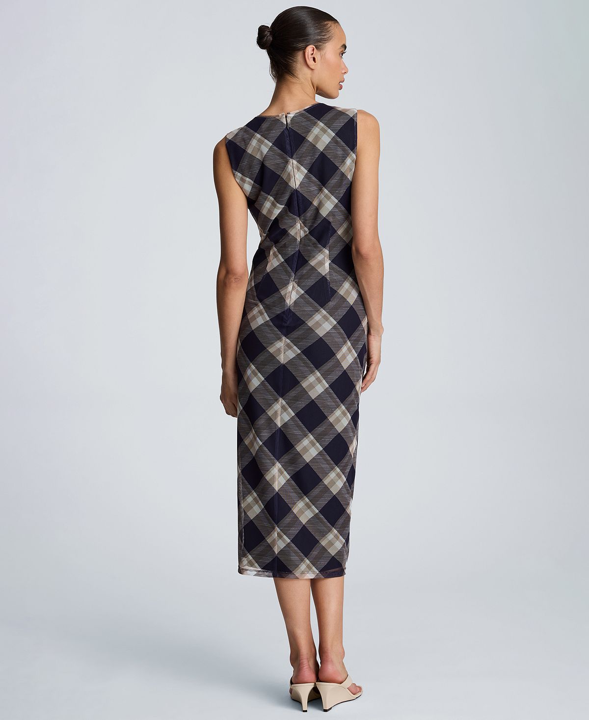 Kenneth Cole Women's Sleeveless Side Ruched Plaid Midi Dress view 6 — MAYCSS fashion products