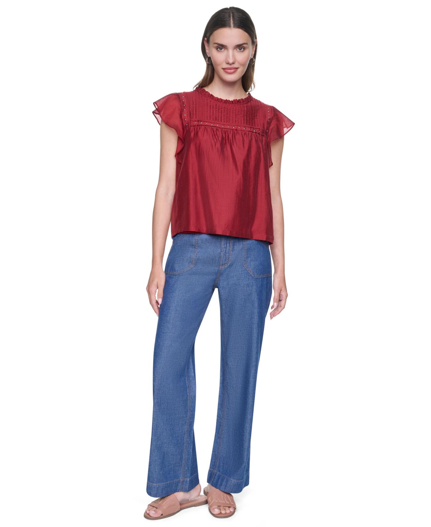 Женская блузка DKNY Pin-Tucked Studded, цвет: Красный — фото 2