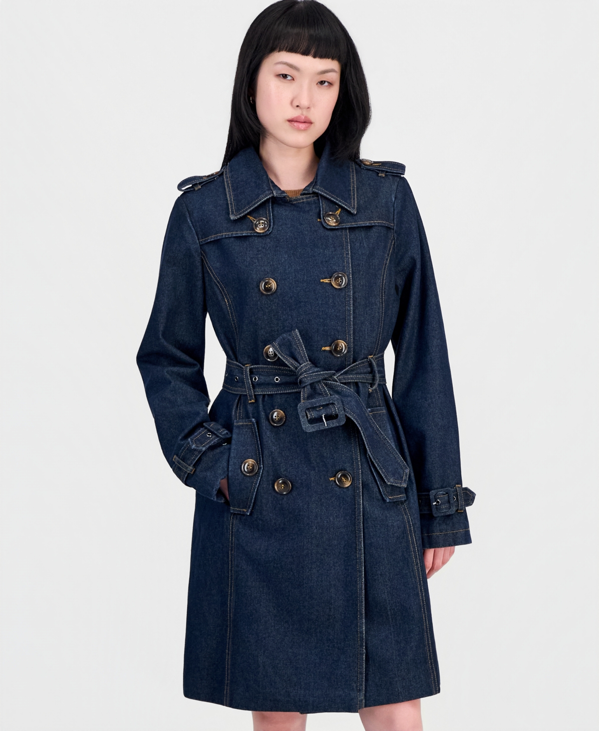Steve Madden Women's Double-Breasted Denim Trench Coat - Indigo Denim