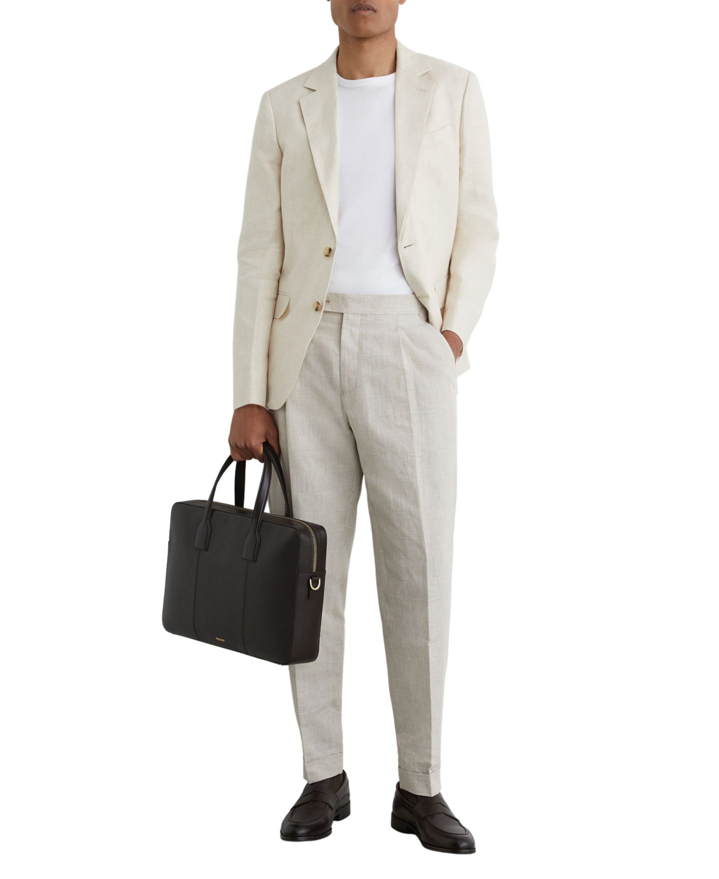 Мужские брюки REISS Finch Linen-Cotton Check Tapered, цвет: Овсяный — фото 4
