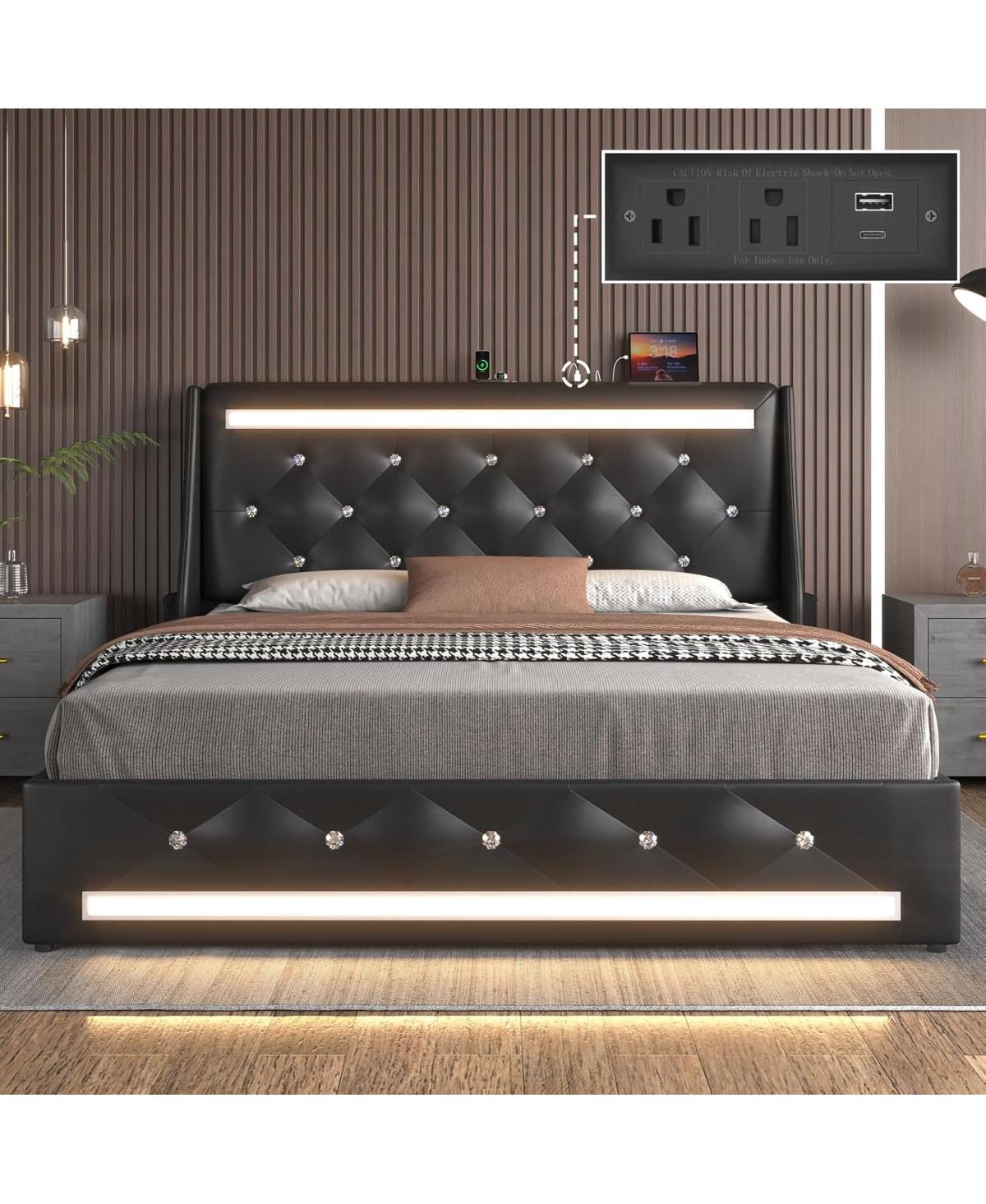 Streamdale Furniture Full Size Upholstered Led Bed Frame with Charging Station and Diamond Headboard