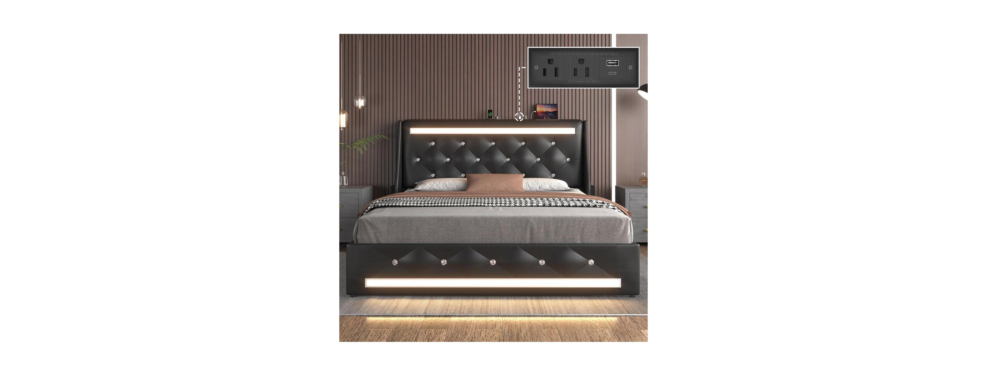 Streamdale Furniture Full Size Upholstered Led Bed Frame with Charging Station and Diamond Headboard