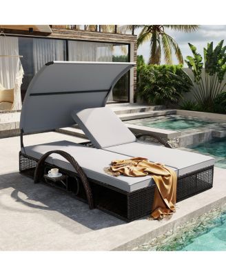 Steel Frame Double Sun Lounger with Adjustable Backrest and Side Table